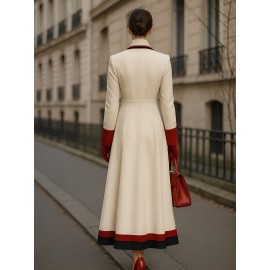 Fashion Trendy Color Blocked French Style Metal Double-Breasted Longline Peacoat