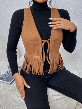 [Elegant Vest] Elegant Tassel Sleeveless Vest Jacket | Women's Medium Stretch Suede-Like Fabric, Adjustable Waist Tie & Fringe Hem, All-Season Versatile Layering Piece for Casual or Formal Outfits, Smooth Texture Finish