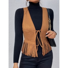 [Elegant Vest] Elegant Tassel Sleeveless Vest Jacket | Women's Medium Stretch Suede-Like Fabric, Adjustable Waist Tie & Fringe Hem, All-Season Versatile Layering Piece for Casual or Formal Outfits, Smooth Texture Finish