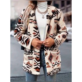 Women's Aztec Geometric Print Hooded Fleece Coat - Mid-Length Casual Winter Jacket with Front Pockets, Machine Washable & Single-Button Closure for Autumn/Winter Outings, Autumn Fashion, Ethnic Pattern Design, Durable Warmth