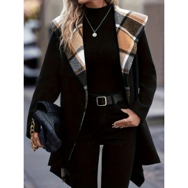 Women'S Elegant Mid-Length Winter Coat with High Neck and Plaid Patchwork Design - Warm, Lightweight, and Stylish for Office or Holiday Season, Warm Weather Jacket | Plaid Pattern Coat | Structured Coat