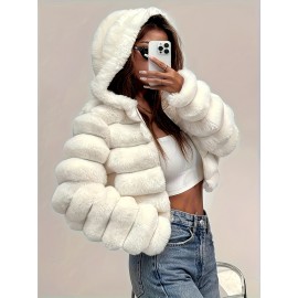 Women'S Elegant White Faux Fur Hooded Jacket - Zip-Up Mid-Length Winter Coat with Puffy Sleeves, Perfect for Fall & Winter, Stylish Layering Piece, Winter Coat