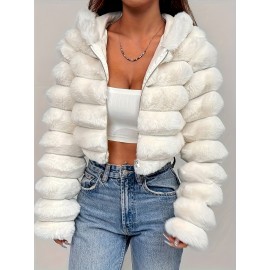Women'S Elegant White Faux Fur Hooded Jacket - Zip-Up Mid-Length Winter Coat with Puffy Sleeves, Perfect for Fall & Winter, Stylish Layering Piece, Winter Coat