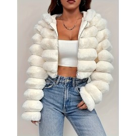 Women'S Elegant White Faux Fur Hooded Jacket - Zip-Up Mid-Length Winter Coat with Puffy Sleeves, Perfect for Fall & Winter, Stylish Layering Piece, Winter Coat