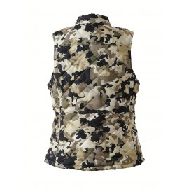 Women'S Lightweight Quilted Zip-Up Vest - Sleeveless, Stand Collar, Camouflage Print, Casual Style, Non-Stretch Fabric, Perfect for Fall/Winter, Casual Wear Vest|Quilted Vest|Zippered Vest