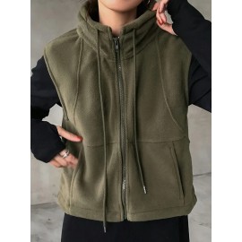 Women's Elegant High-Neck Sleeveless Zipper Jacket - Solid Color Olive Green Winter Coat, Full-Zip Closure, Structured Non-Stretch Design for Fall & Winter, Versatile Outerwear for Casual & Formal Occasions