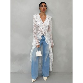 Spring-Summer Romantic Vacation Elegant Sheer Lace Trim Women's Long Thin Coat, Lightweight Coverup, Spring Fashion, Sheer Design, Delicate Detailing, Lace Overlay, Fine Stitching, Stylish Outerwear, Thin Jacket, Trendy Ladies, Summer Wardrobe