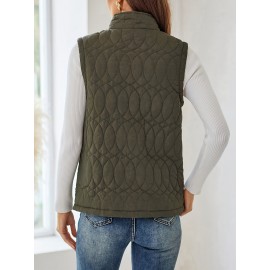 Elegant Women's Quilted Puffer Vest - Stand Collar, Button Front, Long Sleeve, Lightweight Polyester for Fall/Winter, Olive Green with Zip-Up Chest Pocket
