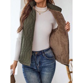 Elegant Women's Quilted Puffer Vest - Stand Collar, Button Front, Long Sleeve, Lightweight Polyester for Fall/Winter, Olive Green with Zip-Up Chest Pocket