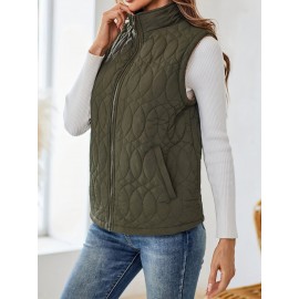 Elegant Women's Quilted Puffer Vest - Stand Collar, Button Front, Long Sleeve, Lightweight Polyester for Fall/Winter, Olive Green with Zip-Up Chest Pocket