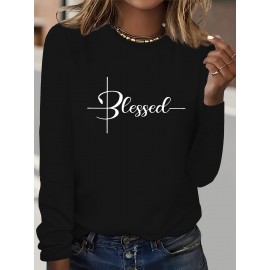 Chic Geometric Print Long Sleeve T-Shirt for Women - Casual Crew Neck, Soft Polyester, Perfect for Fall & Winter