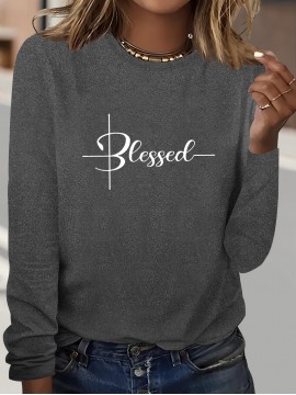 Chic Geometric Print Long Sleeve T-Shirt for Women - Casual Crew Neck, Soft Polyester, Perfect for Fall & Winter