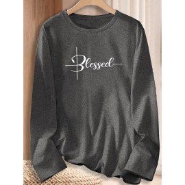 Chic Geometric Print Long Sleeve T-Shirt for Women - Casual Crew Neck, Soft Polyester, Perfect for Fall & Winter
