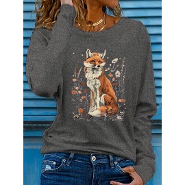 Women's Fox & Floral Graphic Print Long Sleeve T-Shirt - Soft Stretch Crew Neck Casual Top for Spring & Fall, Machine Washable Regular Fit, Medium Elasticity Shirt