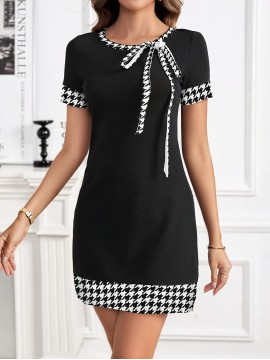 [Houndstooth Mini Dress] Women's Elegant Houndstooth Mini Dress, Polyester 100% Knit Fabric, Crew Neck with Bow Detail, Short Sleeve, Knee-Length Tiered Hem, Sleek Fit Bodycon Tunic for Spring/Summer/Fall