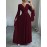 Elegant Long Sleeve V-Neck Pleated Maxi Dress with Side Slit - Maroon, Cinched Waist, Flowing Design for Women, Perfect for Spring & Fall, Cute Dress