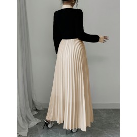 [Elegant Dress for Women] Golden Button Elegant Dress for Women with Contrasting Colors, Cinched Waist, Pleated Design and Long Sleeves, Perfect for Parties, Weddings, Music Festivals and Dates