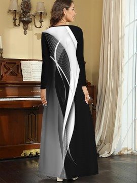 Elegant Women'S V-Neck Long Sleeve Dress with Artistic Ellipse Print - Black & Gray Polyester, Flowy A-Line Cut, Perfect for Fall/Winter Fashion, Stylish Outfit | Flowy A-Line Dress | Polyester Fabric