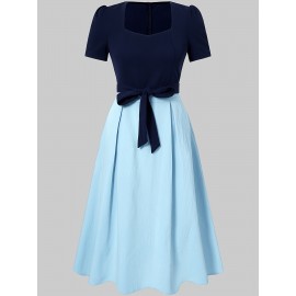 Elegant Square Neck Puff Sleeve Dress with Front Bow Detail - Black & White Color Block, A-Line Silhouette, Lightweight Summer Dress for Women, Cute Dress