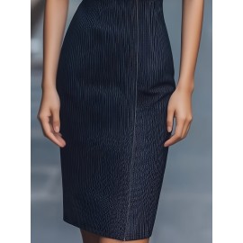 [Elegant Striped Dress] Elegant Women's Striped Dress with Pockets | Zip-Up, Stand Collar, Long Sleeve, Ribbed Texture, Black & White Vertical Stripes | Casual or Formal Occasions, Ladies Dresses