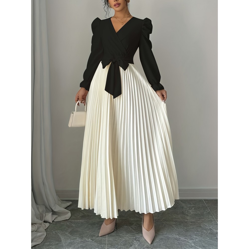 Women's Elegant V-Neck Long Sleeve A-Line Dress with Waist Tie Belt - Pleated Skirt, Machine Washable Solid Color, Spring/Summer Versatile Casual to Formal Wear, Spring Event Attire, Nontransparent Fabric, No Stretch Material