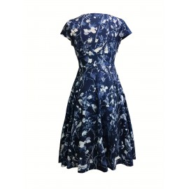 [Navy Blue Floral Dress] Polyester Blend Women's Navy Blue Floral Print V-Neck Midi Dress with Short Sleeves and Pockets | Casual Dress, Floral Print Dress, Perfect for Spring, Summer, and Fall