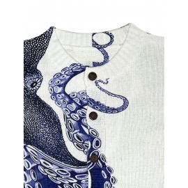 Women's 3D Printed Octopus Cardigan - Fashion All-Over Blue & White Tentacle Design, Button Front Round Neck Sweater for All-Season Wear, Casual Wear, Stylish Outerwear, Bold Pattern, Textured, Comfortable Fit