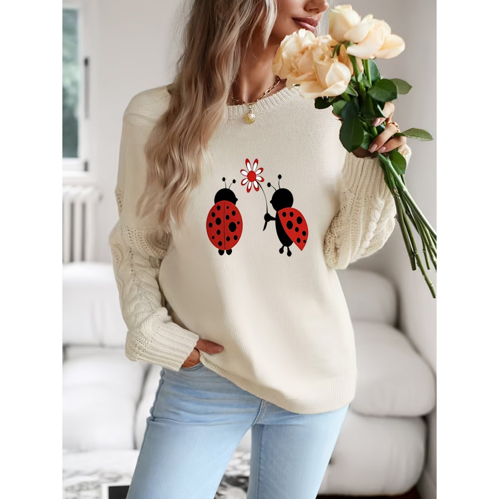 Women'S Cozy Beige Sweater with Adorable Ladybug Print - Long Sleeve, Crew Neck, Loose Fit, Perfect for Fall & Winter, Casual Style, Casual Winter Wear | Playful Print Top | Construction, Sweater Dress