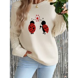 Women'S Cozy Beige Sweater with Adorable Ladybug Print - Long Sleeve, Crew Neck, Loose Fit, Perfect for Fall & Winter, Casual Style, Casual Winter Wear | Playful Print Top | Construction, Sweater Dress