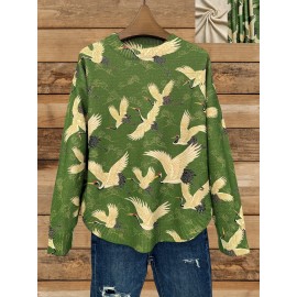 [All-Over Print] [Thick] [Round Hem] [Sweater] All-Over Print Red-crowned Crane Pattern Thick, Casual Crew Neck Long Sleeve Sweater, Round Hem, Women's Clothing
