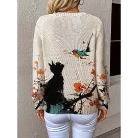 [Lightweight|Vneck Sweater] Lightweight|Vneck Sweater | Women's Elegant V-Neck Sweater with Colorful Cat & Floral Print - Long Sleeve, Button-Up Front, Perfect for Fall/Winter Commute & Casual Outings, Autumn Winter Apparel | Construction, Cat Sweater
