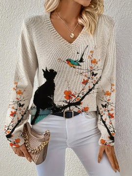 [Lightweight|Vneck Sweater] Lightweight|Vneck Sweater | Women's Elegant V-Neck Sweater with Colorful Cat & Floral Print - Long Sleeve, Button-Up Front, Perfect for Fall/Winter Commute & Casual Outings, Autumn Winter Apparel | Construction, Cat Sweater