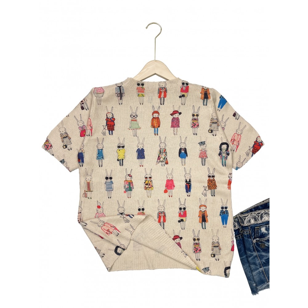 [All-Over Print] [Thin] [Sweater] All-Over Print Rabbit Woman Pattern Thin, Casual Crew Neck Short Sleeve Sweater, Women's Clothing Mother's Day Gift