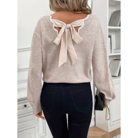 Women'S Elegant French-Inspired V-Neck Sweater with Back Bow - Long Sleeve Loose Fit Pullover, Soft & Brown Color Block Design, Fall/Winter Casual Chic Sweater, Sweater For Winter, Fall Fashion, Sophisticated Style, Quality Stitching, Stylish Top