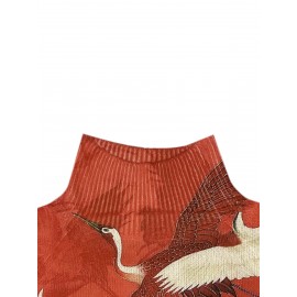 Women's Elegant Turtleneck Sweater - All-Over Crane Print in Red/Beige/Black/White, Soft Warm Pullover for All Seasons, Casual & Formal Wear, Turtleneck Sweater, Allseason Apparel, Highneck Design, Textured Knitwear, Quality Craftsmanship