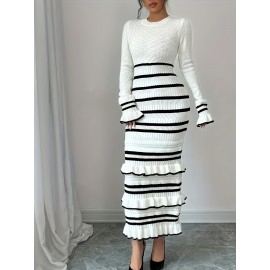 Women's Elegant Striped Dress - Slim Fit Waist-Cinching Bodycon with Ruffled Hem, Black & White Horizontal Stripes, Round Neck Long Sleeve Fall Winter Fashion, Dress