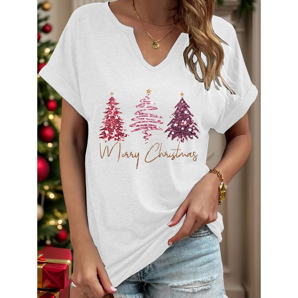 [Festive Christmas Tree Print Tee ] Women'S Christmas Tree Print T-Shirt, Polyester Blend, V-Neck, Short Sleeve, Knit Fabric, Casual Pullover with Slight Stretch, for Festive Holiday Top