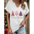 [Festive Christmas Tree Print Tee ] Women'S Christmas Tree Print T-Shirt, Polyester Blend, V-Neck, Short Sleeve, Knit Fabric, Casual Pullover with Slight Stretch, for Festive Holiday Top