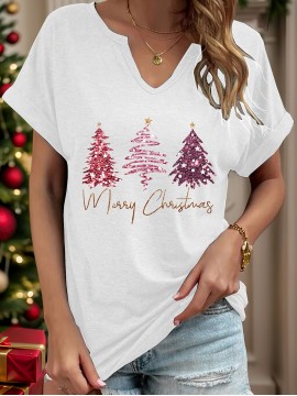 [Festive Christmas Tree Print Tee ] Women'S Christmas Tree Print T-Shirt, Polyester Blend, V-Neck, Short Sleeve, Knit Fabric, Casual Pullover with Slight Stretch, for Festive Holiday Top