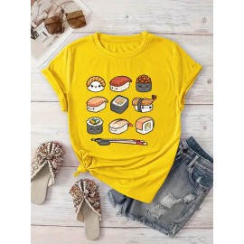 Women'S Casual Sushi Print T-Shirt - Short Sleeve Crew Neck, Vibrant Japanese Food Design, Machine Washable, Perfect for Spring/Summer Outings & Beach Vacations, Beachwear Tshirt | Playful Print Top | Machine Washable Top, Sushi Tshirt