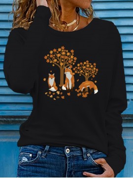 Women's Casual Long Sleeve Crew Neck T-Shirt - Fox & Autumn Leaves Graphic Print, Black with Orange Design, Medium Stretch, Machine Washable, All-Season Comfort Top, Naturethemed Apparel, Nontransparent Fabric