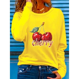 Women'S Cherry Graphic Long Sleeve T-Shirt - Vibrant Red Cherry Print, Casual Crew Neck, Machine Washable, Spring/Summer Vacation Top, Cherry Tshirt