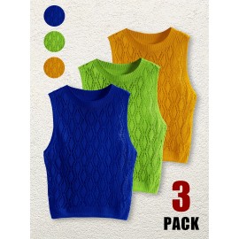 [3pc Summer Women's Set] TD7866-1T Women's Summer Three-Piece Set | Fashionable Lightweight Hollow Knit Pullover & Beach Vacation Tank Top